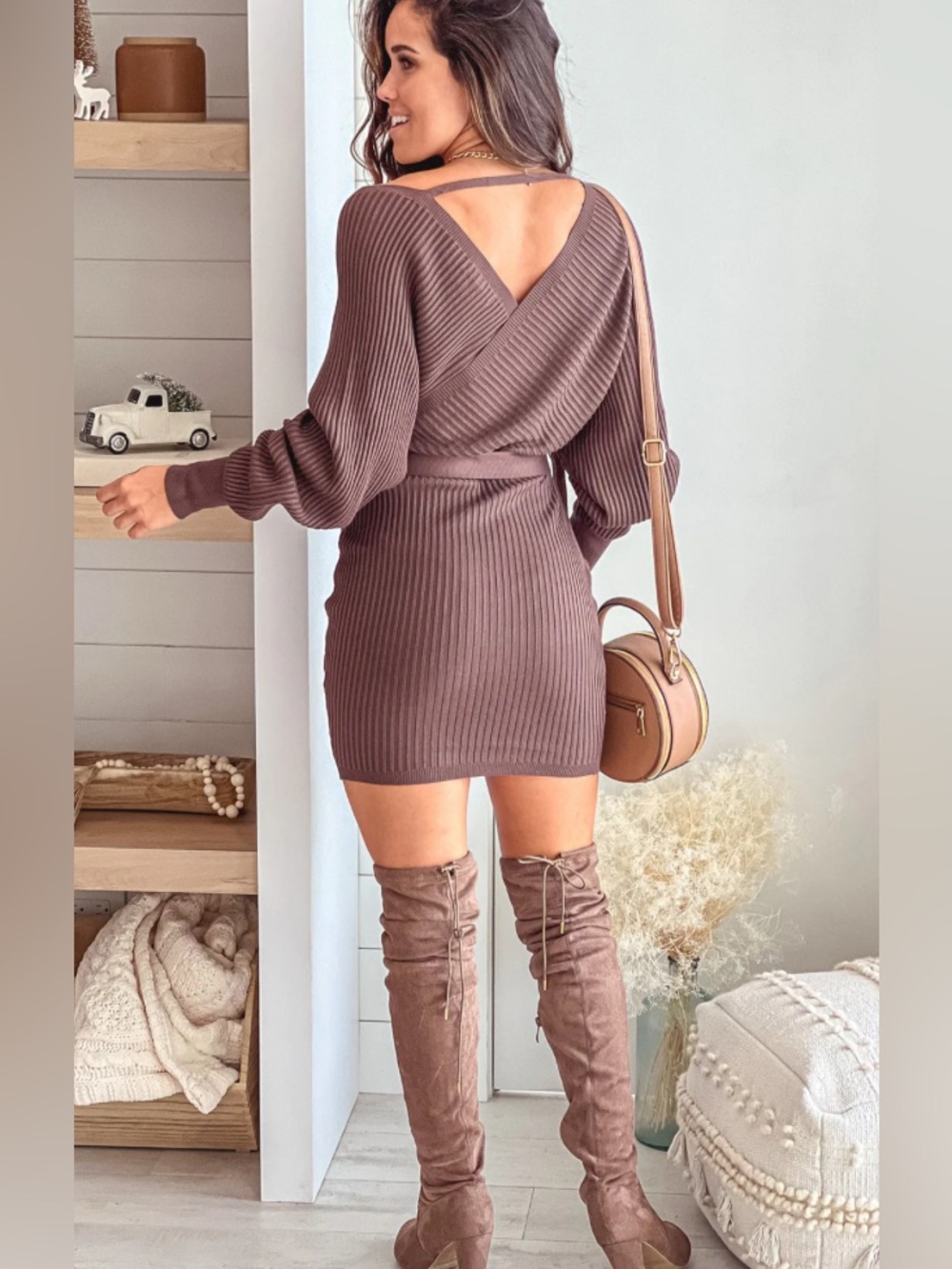 Love Tree Cocoa Ribbed Knit Belted Wrap-Sweater Dress Women’s Size Medium (NWT)